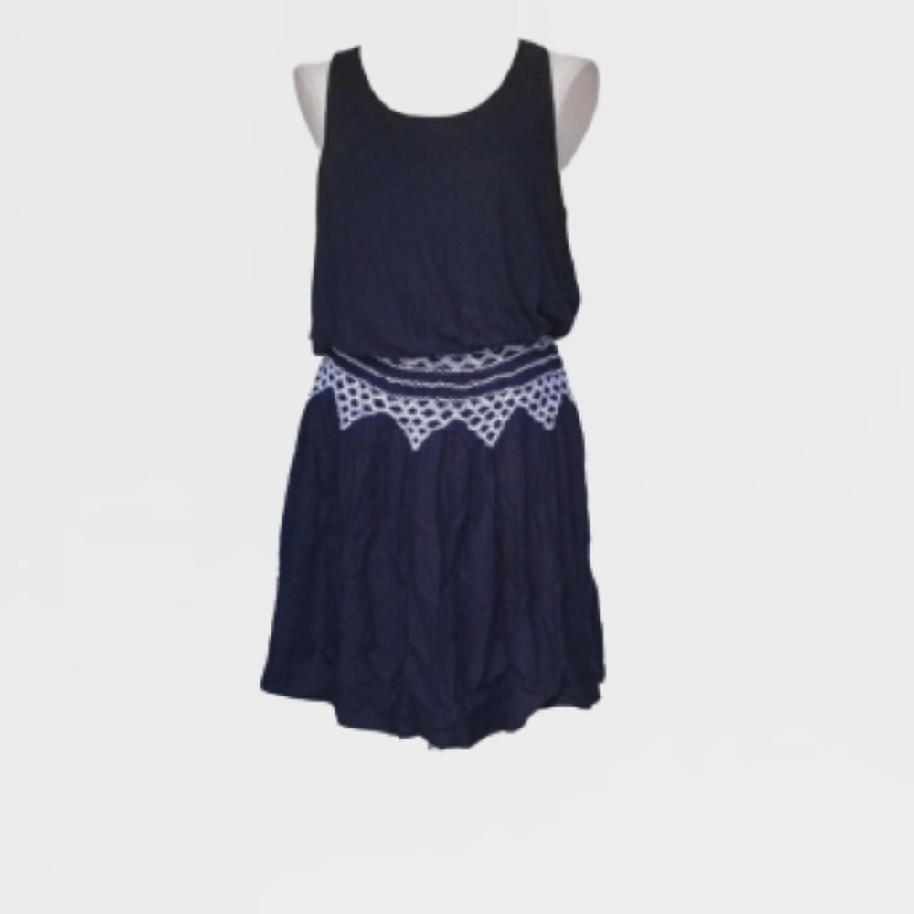 Navy Crochet-Waist Sleeveless Dress